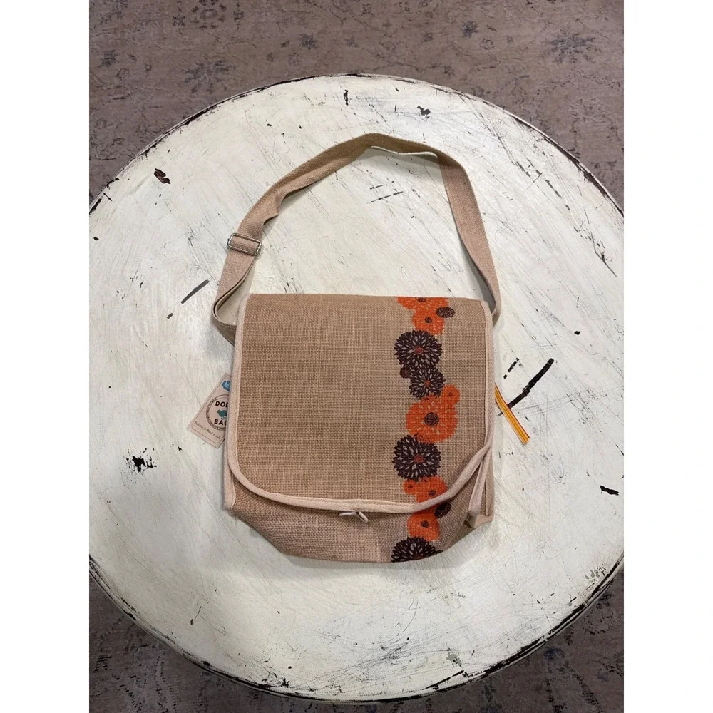 The Dodo Bag Co Jute Carryall Messenger‎ Bag OS Floral Burlap Boho Tan